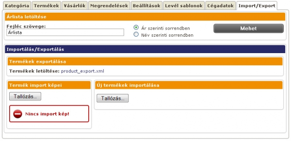 Webáruház - termék import, export